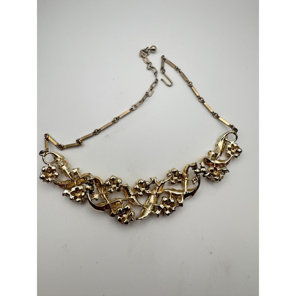 Vintage Coro Necklace Gold Tone Orange Rhinestone Flower Leaf Bib - Picture 8 of 11